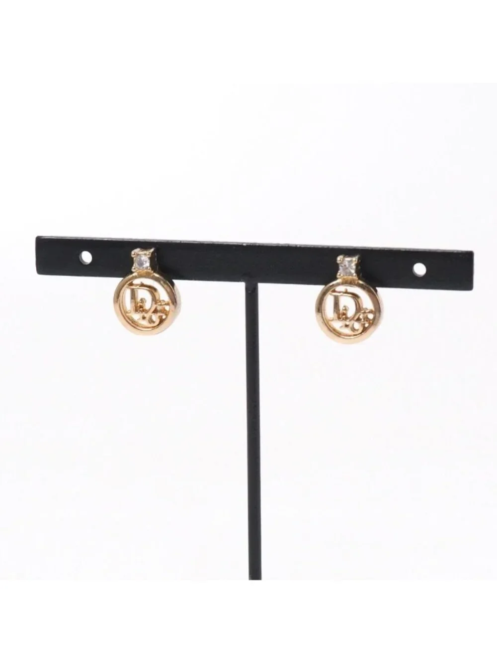 Dior Vintage Earrings Rhinestone Logo Gold
